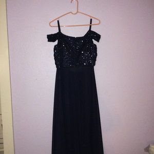 blue off the shoulder prom dress